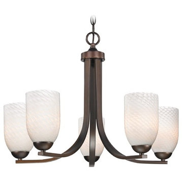 Bronze Chandelier with White Art Glass Shades and Five Lights