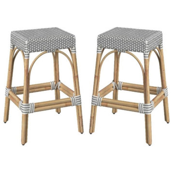 Home Square Rattan Backless Barstool in Gray and White - Set of 2
