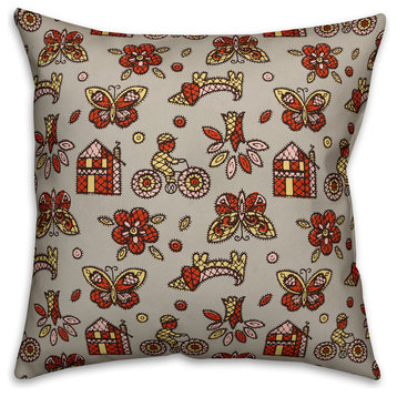 Kids Whimsical Folk Pattern, Red Throw Pillow Cover, 20"x20"