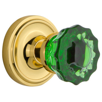 Classic Rosette Double Dummy Crystal Emerald Glass Knob, Polished Brass