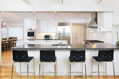 Inspiration for a timeless light wood floor kitchen remodel in DC Metro with an undermount sink, shaker cabinets, white cabinets, quartzite countertops, white backsplash, porcelain backsplash, stainless steel appliances, an island and black countertops