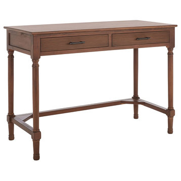 Farmhouse Desk, Carved Legs & 2 Drawers With Carved Front, Brown