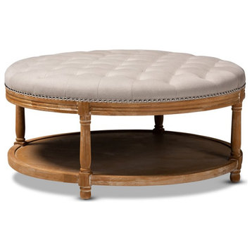 Baxton Studio Ambroise Tufted Linen Fabric and Washed Wood Coffee Table in Beige