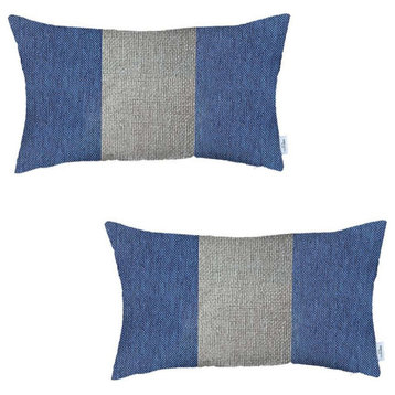 Set of 2 Blue And Ivory Lumbar Pillow Covers