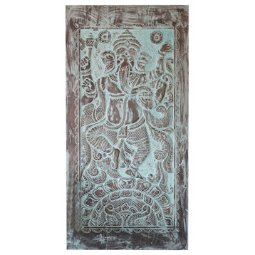 Consigned Vintage Blue Ganesha Wall Sculpture, Barn Door, Carved Indian Door