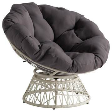 Papasan Chair With Gray Round Pillow Cushion and Cream Wicker Weave