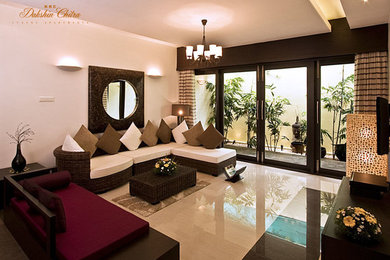 Mid-sized modern formal enclosed living room in Melbourne with porcelain floors and a wall-mounted tv.