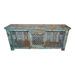 Mogul Interior - Consigned Hand-Carved Antique Distressed Jali Table - Console Tables