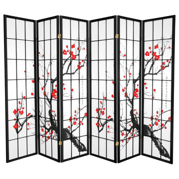 Classic Room Divider, Paper Screens With Cherry Tree Painting, Black, 6 Panels