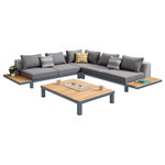 Armen Living - Polo 4-Piece Outdoor Sectional Set, Dark Gray Cushions and Modern Accent Pillows - The Armen Living Polo contemporary 4-piece sectional set is a truly ideal statement for the modern patio. The Polo patio set is comprised of aluminum framed and gray powder finished middle, left, and right corner sofa pieces as well as a chic coffee table. The sectional pieces and table both sport teak wood surfaces perfect for snack trays and drinks. The sectionals feature dark gray fabric cushions and come with 3 modern accent pillows total for added comfort and style. The Polo is a wonderful addition to the contemporary home and is sure to be the talk of your next gathering.
