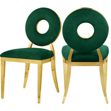 Carousel Upholstered Dining Chair, Set of 2, Green Velvet, Gold Finish