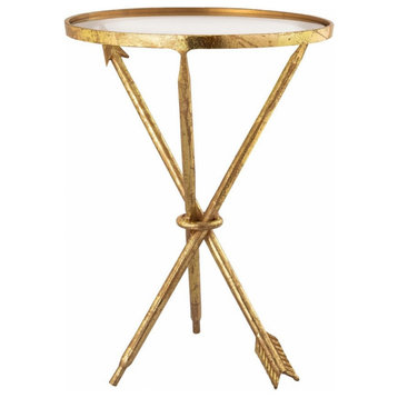 Three Golden Arrows Design Glass Top Round Side Table in Gold Leaf Cross Legs