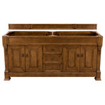 James Martin Vanities - Brookfield 72" Country Oak Double Vanity - The Brookfield 72", double sink, Country Oak vanity by James Martin Vanities features hand carved accenting filigrees and raised panel doors. Four doors, two on either side, open to shelves for storage below and three center drawers. The look is completed with Antique Brass finish door and drawer pulls. Matching decorative wood backsplash is included.