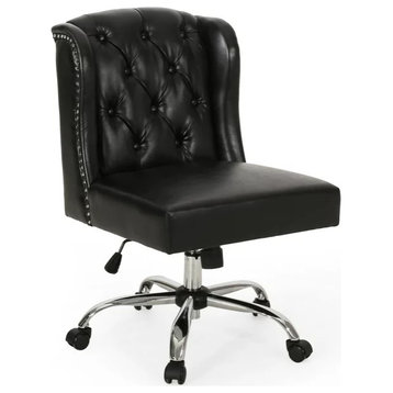 Retro Office Chair, Faux Leather Seat & Button Tufted Wing Back, Midnight Black