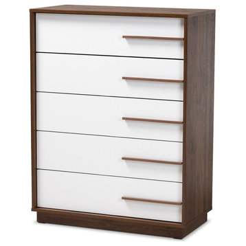 Mid-Century Modern 2-Tone White and Walnut Finished 5-Drawer Wood Dresser