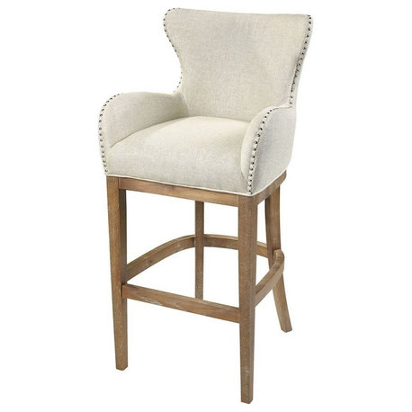 Transitional Style Bar Stool Linen Upholstery in Cream Finish Reclaimed Oak