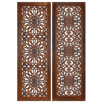 2 Piece Mango Wood Wall Panel Set With Mendallion Carving, Burnt Brown