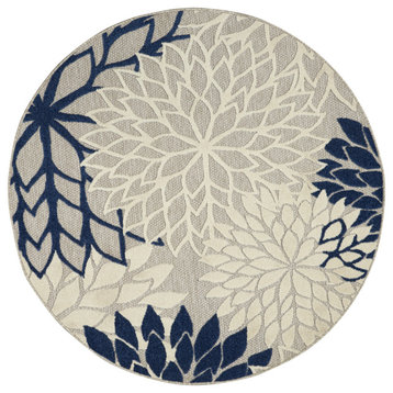 Aloha Ivory/Navy 5 ft. x 5 ft. Floral Contemporary Indoor/Outdoor Round Rug