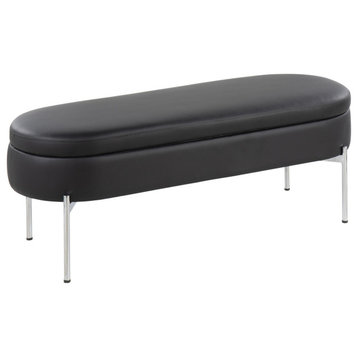 Chloe Contemporary/Glam Storage Bench, Chrome Metal/Black Faux Leather