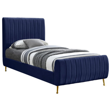 Zara Channel Tufted Velvet Upholstered Bed With Custom Gold Legs, Navy, Twin