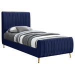 Meridian Furniture - Zara Channel Tufted Velvet Upholstered Bed With Custom Gold Legs, Navy, Twin - Slip into the lap of luxury with this Zara Velvet Bed. This beautiful twin bed is padded to the max on its headboard and footboard for a look that is nothing short of upscale. The luxe design is amplified by the bed's rich navy velvet upholstery and its deep detailed channel tufting, which also serves to keep the interior padding aloft, full, and comfortable while you relax or unwind in bed. The bed has gold legs for a regal touch, and it comes with slats, so it doesn't require a box spring.