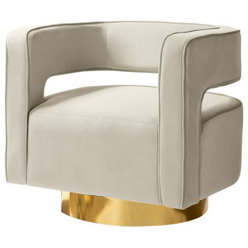 Comfy Swivel Barrel Chair With Metal Base, Ivory