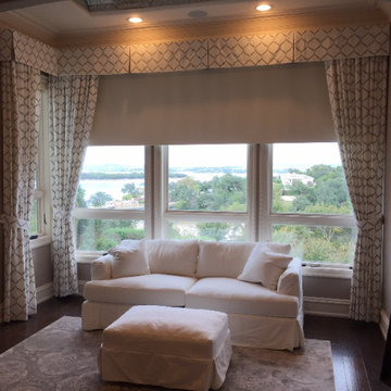Drapery panels, fabric valances, blackout roller shades