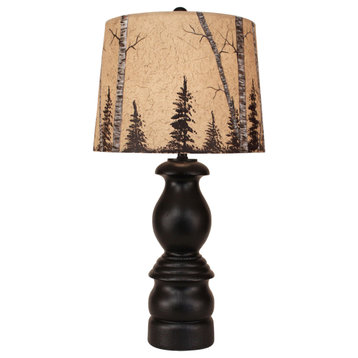 Small Antique Black Farmhouse Table Lamp With Birch Tree Shade