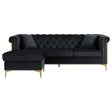 Chesterfield L-Shaped Sofa, Golden Legs With Rolled Arms & Velvet Seat, Black