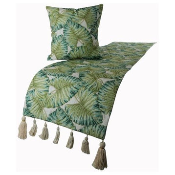 Green CA King 86"x18" Bed Runner, Linen Bed Throws, Tropical Feeling