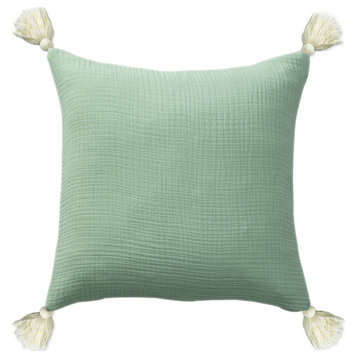 Cream Solid Tasseled Organic Turkish Cotton Throw Pillow, Green