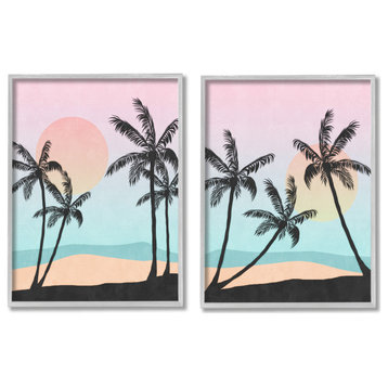 Tropical Sunset Sunrise Palm Tree Beach Illustration, 2pc, each 24 x 30