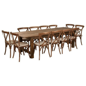 9'x40'' Antique Rustic Folding Farm Table Set, 12 Cross Back Chairs and Cushions