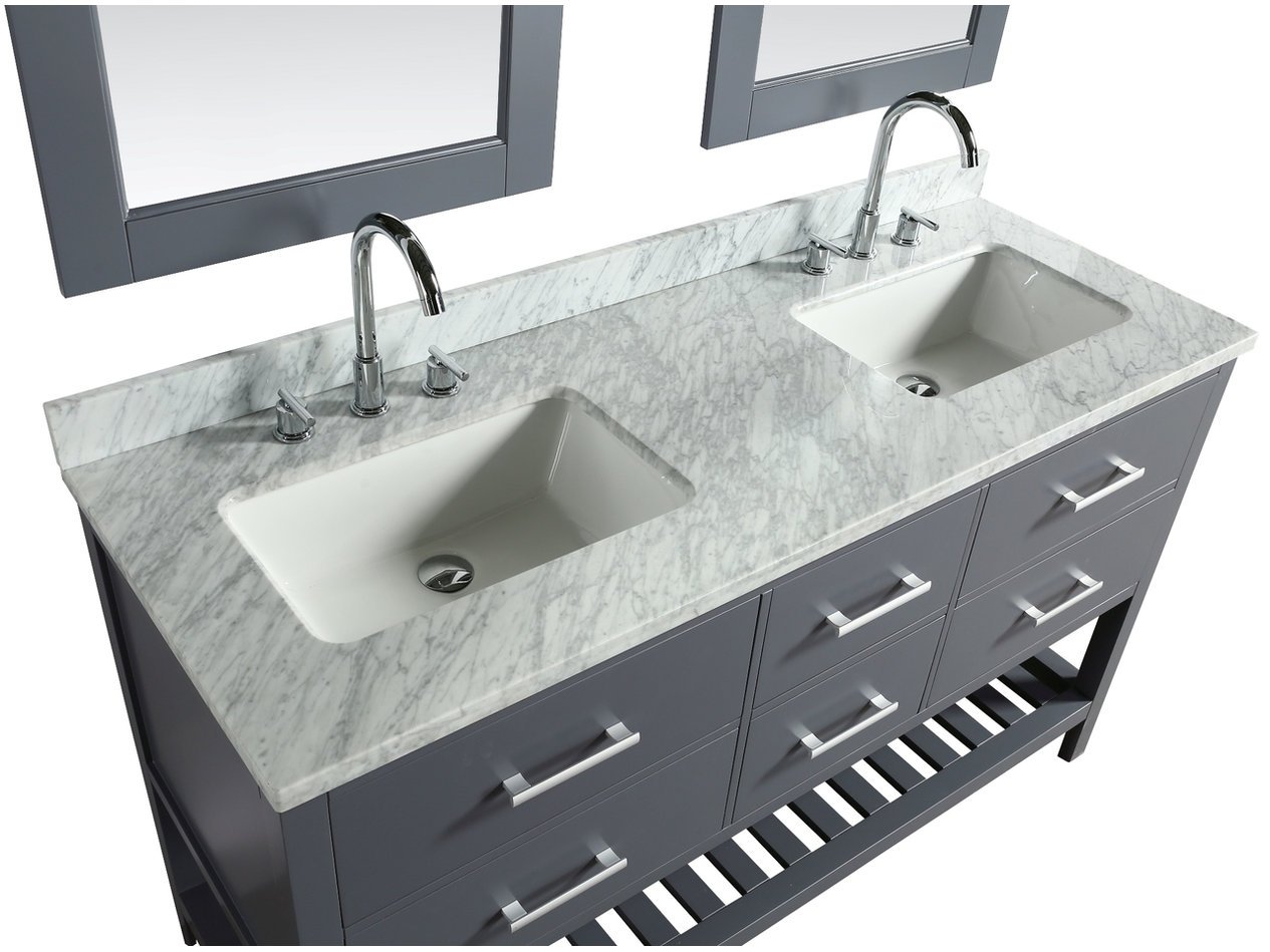 London 61" Double Sink Vanity Set, Gray with White Carrera Marble Top ...
