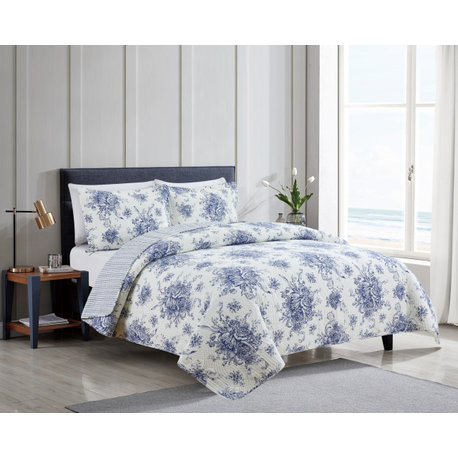 Toile Cotton Reversible Bamboo Stripe Quilt Set, Navy, King