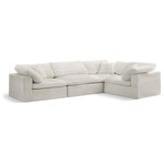 Meridian Furniture - Cozy Velvet Upholstered Comfort L-Shaped Modular Sectional, Cream, 4-Piece: 1 Armless Chair, 3 Corner Chair - Bring home this Cozy 4-piece sectional for a fresh new look. Embrace casual elegance with this Cozy velvet cloud-like comfort modular fiber-filled seating option. Handsome from all angles, this piece features soft cream velvet upholstery to make it an easy fit in any room. This modular piece can be combined with other items in the Cozy collection to create a seating group of your dreams. The cushions on this piece are exceptionally comfortableand filled with fiber for luxury that you deserve as you rest and relax.