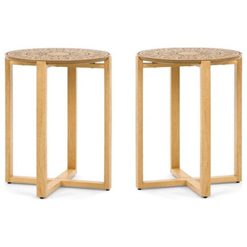 Home Square Wood End Table with Cross Style Base in Natural - Set of 2