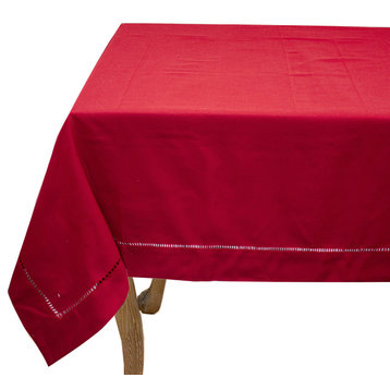 Stylish Solid Color with Hemstitched Border Tablecloth, Red, 65"x140"