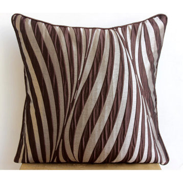Brown Decorative Pillows Jacquard Weave Silk 20"x20" Striped, Brown Waves