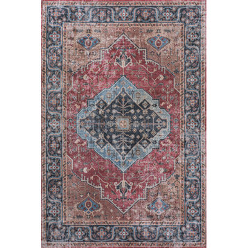 Alacati Ogee Medallion Machine-Washable Red/Blue/Brown 3 ft. x 5 ft. Area Rug