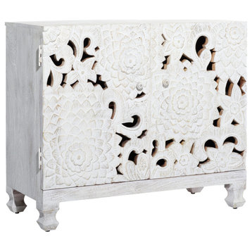 Mediterranean Rectangular White Wooden Floral Cabinet, 30.25" x 35.44" x 16"