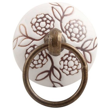 Set of Two Brown Marigold Etched Flat Ceramic Drawer Knobs