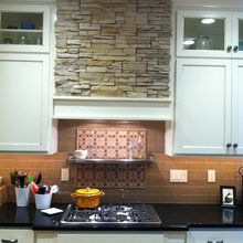 Kitchen, Stacked Stone Fireplace, Green Front Door