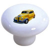 Yellow with Blue Flames Hot Rod Car Ceramic Cabinet Drawer Knob