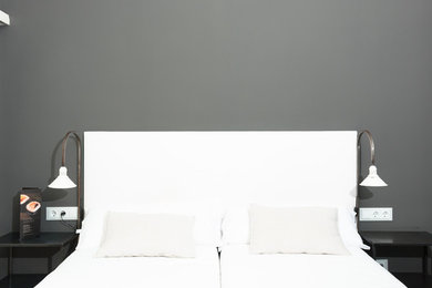 Imagen de dormitorio principal clásico renovado de tamaño medio sin chimenea con paredes grises