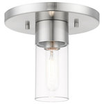 Livex Lighting - Carson 1 Light Brushed Nickel Flush Mount - The Carson transitional one light flush mount will bring posh sophistication to your decor. The clear cylinder glass combined with the brushed nickel finish gives this piece a sleek, contemporary look.