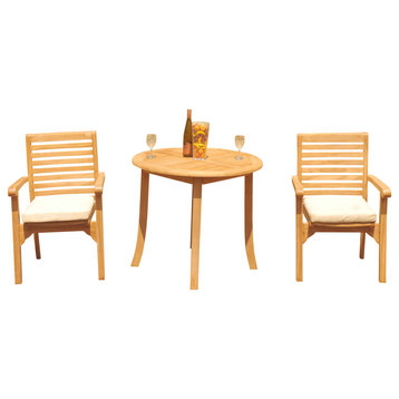 3-Piece Outdoor Teak Dining Set: 36" Round Table, 2 Hari Stacking Arm Chairs