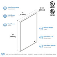 Fogless, Dimmable, Color Temperature Adjustable LED Mirror, Matte Black, 24x36