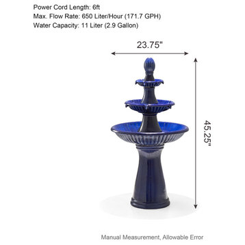 Cobalt Blue 3-Tier Ceramic Outdoor Fountain