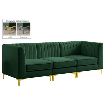 Alina Velvet Upholstered 3-Piece Modular Sectional, Green